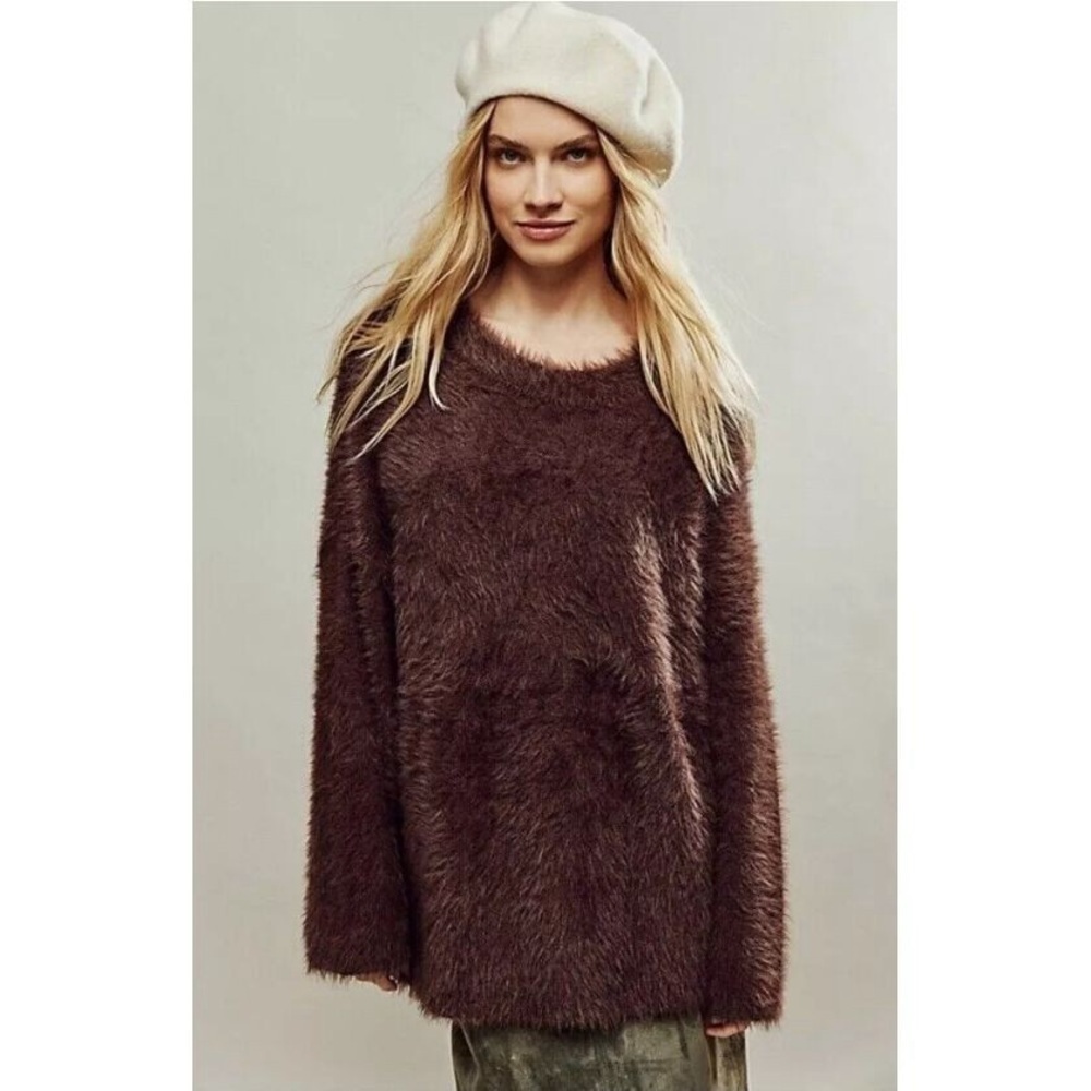 Free People Harrison Bunny Sweater XS brown mocha fuzzy cozy hygge oversized